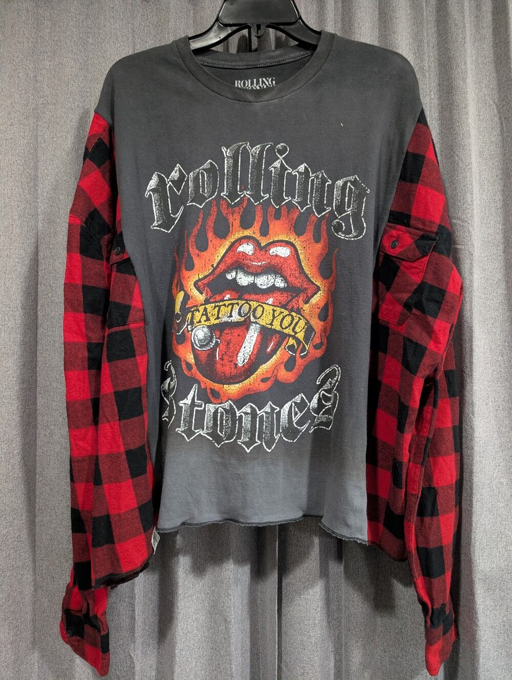 Upcycled Flannel Mash Up Top - Rolling Stones Flaming Lips